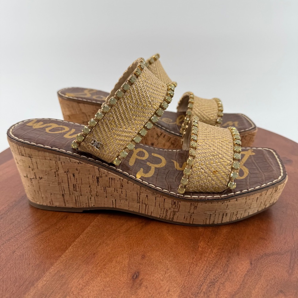 Sam Edelman Angelina Tan Gold Rhinestone Cork Wedge Platform Sandals 9.5M